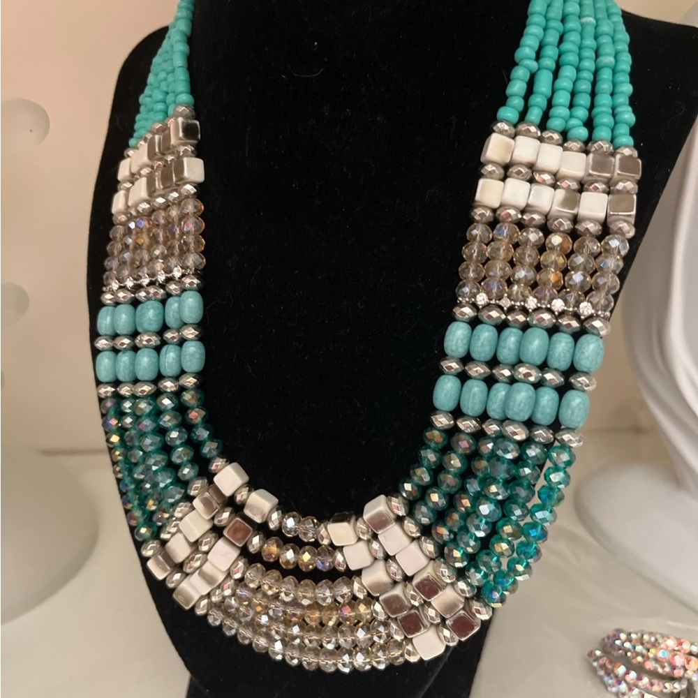 N128 Vintage Egyptian Revival Turquoise and Silver Beaded Bib Necklace - Picture 9 of 10